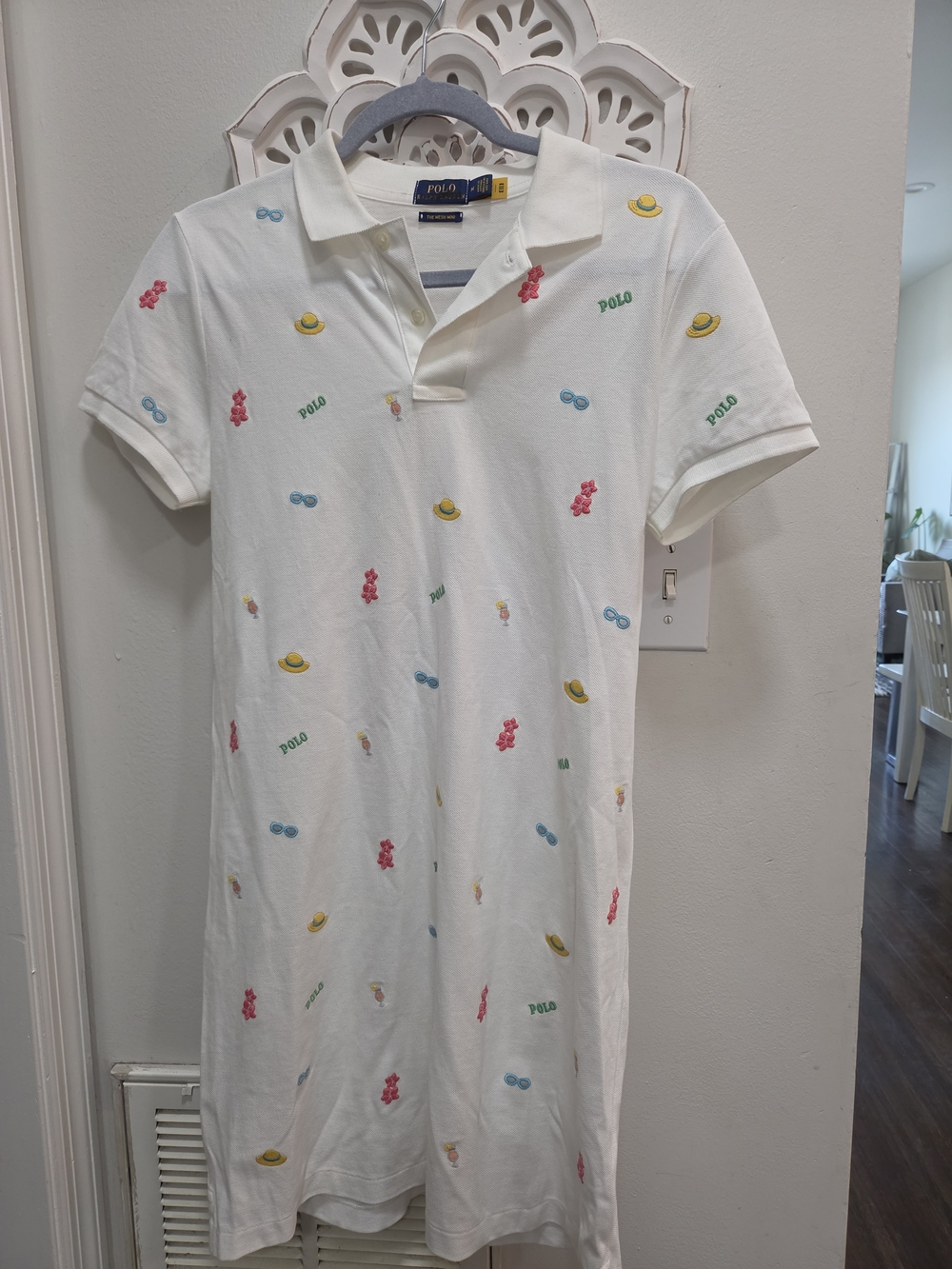 Polo by Ralph Lauren Cream Mesh Polo with Subtle Multi-Color Embroidery